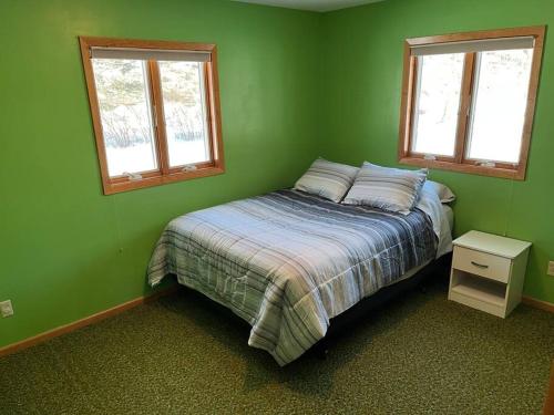 1 dormitorio verde con 1 cama y 2 ventanas en Hunters Haven, en Kimball