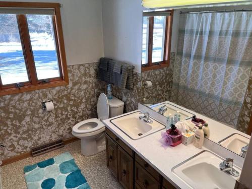 a bathroom with a sink and a toilet and a mirror at Hunters Haven in Kimball