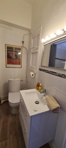 a bathroom with a sink and a toilet and a mirror at SeaYouSoon Inn Cannes - Studios in Cannes