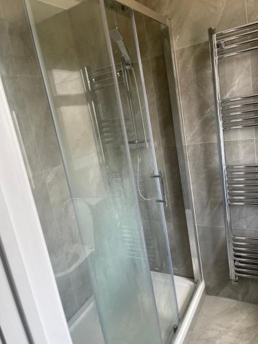La salle de bains est pourvue d'une douche avec une porte en verre. dans l'établissement Rahal Ilford, à Ilford