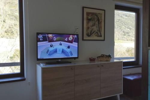 een televisie op een dressoir in een kamer met ramen bij El Nial de Los Pinos in Ojedo