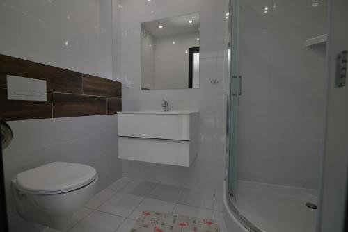 a white bathroom with a toilet and a shower at Villa Bueno Bis in Rowy