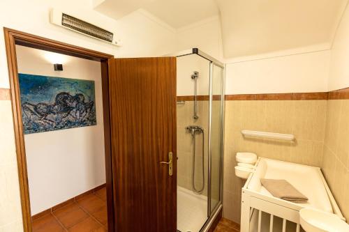 a bathroom with a shower and a toilet and a glass door at Spacious 3 bedroom house w/ swimming pool in Ericeira