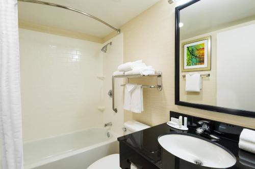 een badkamer met een wastafel, een toilet en een spiegel bij Fairfield Inn & Suites Louisville Downtown in Louisville
