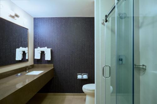 uma casa de banho com um WC, um lavatório e um chuveiro em Fairfield Inn and Suites San Bernardino em San Bernardino