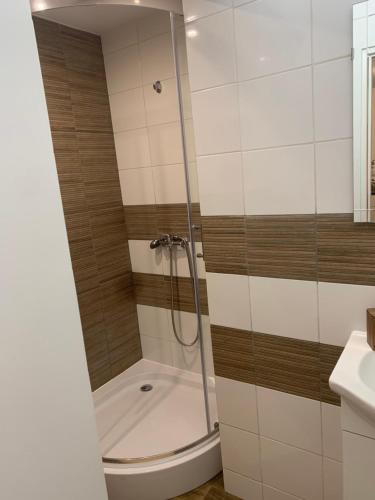 La salle de bains est pourvue d'une douche et de toilettes. dans l'établissement Jasmin, à Stegna