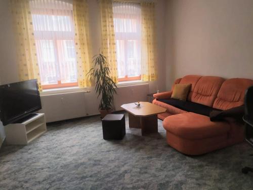 a living room with a couch and a tv at Pension Stöß in Falkenstein