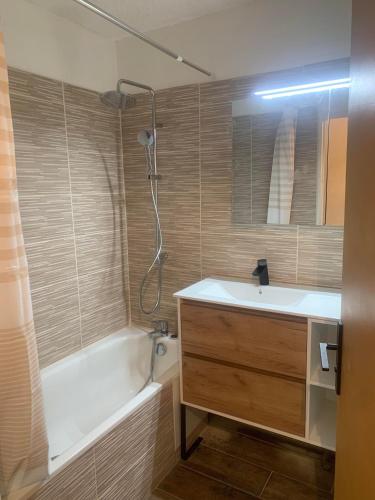 une salle de bain avec une baignoire, un lavabo et une douche dans l'établissement Plein centre ville Appartement, à Salon-de-Provence