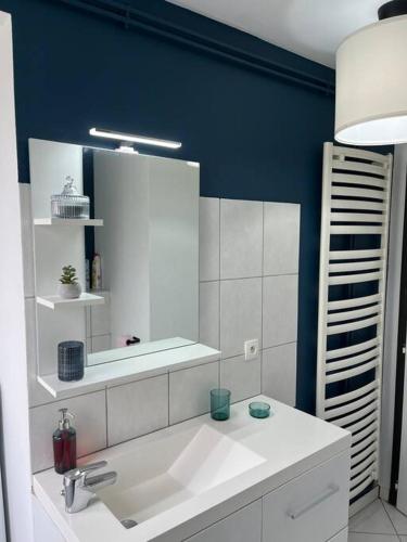 une salle de bain avec un lavabo blanc et un miroir dans l'établissement Appartement T3 rénové 60m2 proche centre Colmar, à Colmar