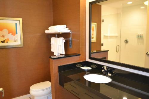 a bathroom with a sink and a toilet and a mirror at Fairfield Inn & Suites by Marriott Fort Walton Beach-West Destin in Fort Walton Beach