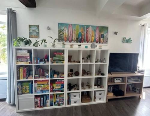 une étagère remplie de livres dans une pièce dans l'établissement Appartement familial entre Cannes et Juan-les-Pins, à Vallauris
