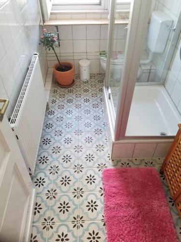 a small bathroom with a pink rug and a tub at Ferienwohnung Alte-Schule-Kail Wohnung 2 in Kail