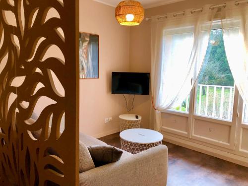 - un salon avec un canapé et une fenêtre dans l'établissement Charmant Studio à 2 pas de la gare, à Lons-le-Saunier