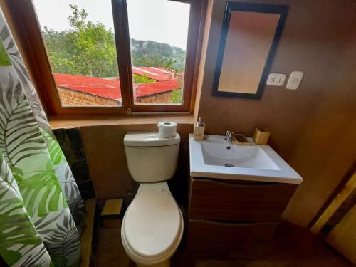 a bathroom with a toilet and a sink and a window at Ekokuelap Lodge y turismo alternativo in Nuevo Tingo