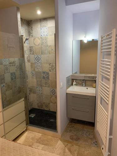 une salle de bain avec douche et lavabo dans l'établissement Coeur de Hyeres, à Hyères