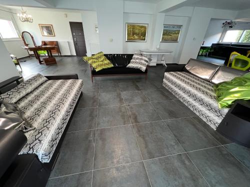 uma sala de estar com dois sofás e uma mesa em DolceVita Villa em PalaiónTsiflíkion