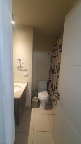 a bathroom with a white toilet and a sink at PYB Souper Deptos in Santiago