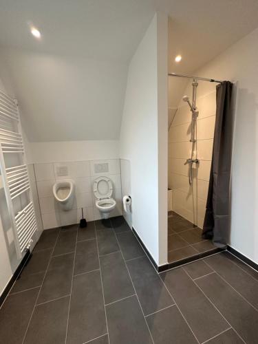 a bathroom with a toilet and a shower and a sink at IBH Charmantes Einfamilienhaus in Tornesch