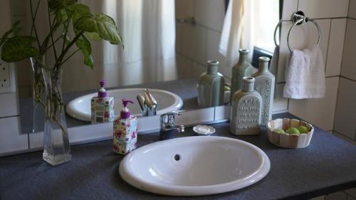 Un mostrador de baño con dos lavabos y botellas. en Ranchito- casita de huespedes, en Alta Gracia