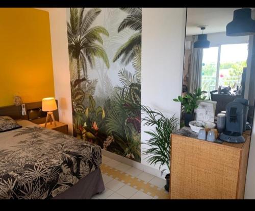 una camera con letto e TV su un bancone di Studio Cap Caraibes, piscine, accès plage, nouvelle Wifi haut debit a Saint-François