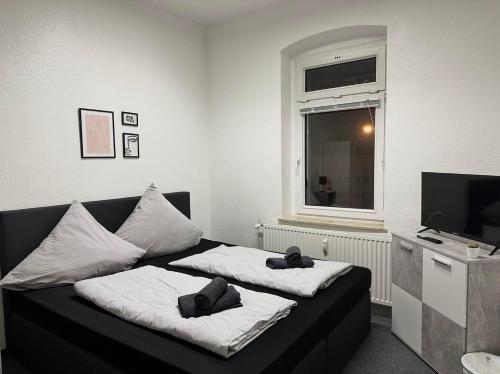 a living room with two pillows on a couch at Ferienwohnung Flaming House Bitterfeld in Bitterfeld