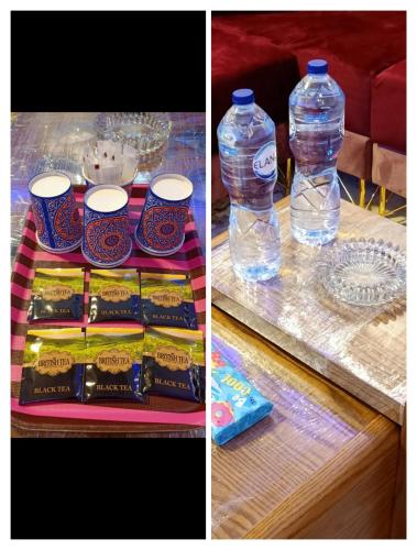 two pictures of a table with a bottle of water at Mansoura apartment infront of KFC in Mansoura