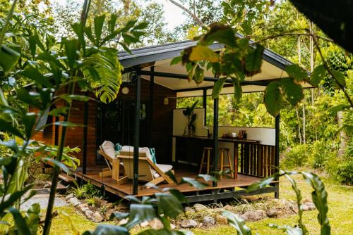 a cabin in the woods with a deck and a chair at Cape Trib Farm in Cape Tribulation