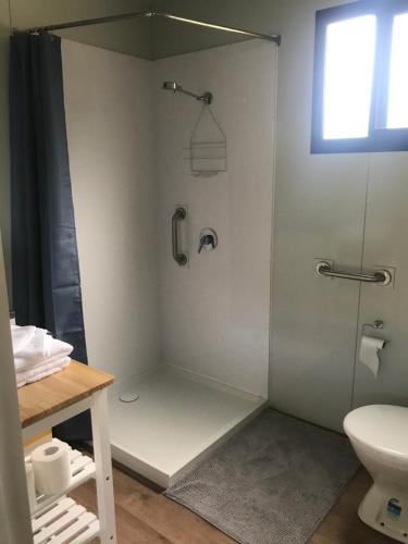a bathroom with a shower with a toilet and a sink at BIKABISA in Paterson