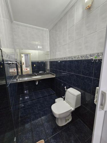 a bathroom with a toilet and a sink and a mirror at Pousada 218 Manaus in Manaus