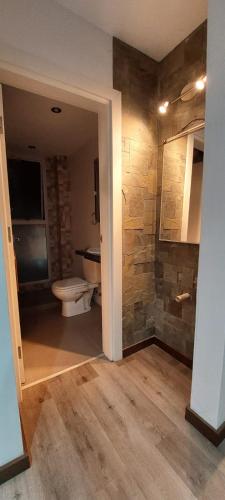 a bathroom with a toilet and a stone wall at Centro de Tarija departamento independiente completo in Tarija