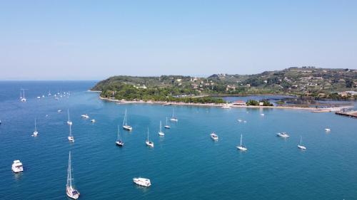 un grupo de barcos en un gran cuerpo de agua en Seafront Apartment Strunjan en Strunjan