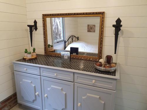 een badkamer met een wastafel met een spiegel bij het Uylennest, uniek en goedkoop! in Hem