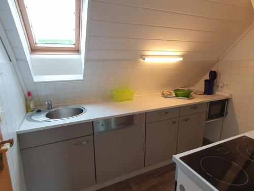 a small kitchen with a sink and a window at Fewo-hierundjetzt Lichtenhain bei Sebnitz am Malerweg in Lichtenhain