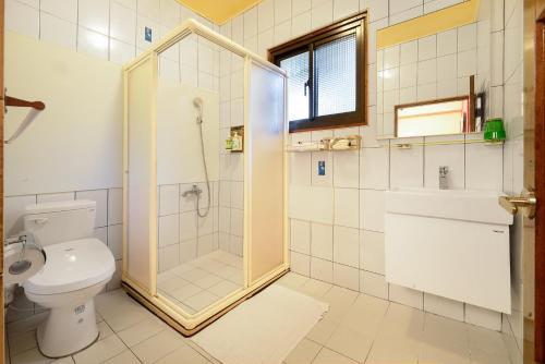 een badkamer met een douche en een toilet bij Li Jin Kuan Homestay in Nanzhuang