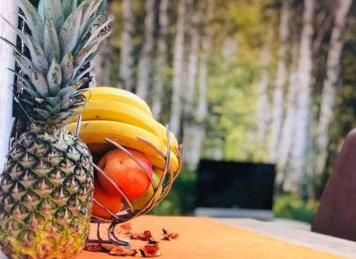 a bowl of fruit on a table next to a pineapple at Apartmani LANA Podgorica in Podgorica