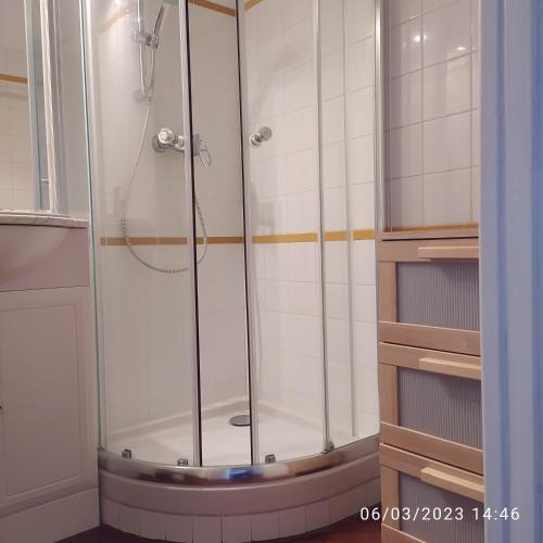 une douche avec une cabine en verre dans une salle de bain dans l'établissement Studio 4P Vue Mer Calme Cap Esterel, à Saint-Raphaël