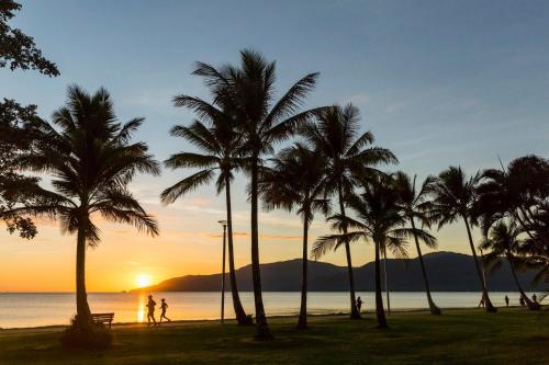 a group of palm trees on the beach at sunset at 604 Chic City Apartment with Water Views in Cairns
