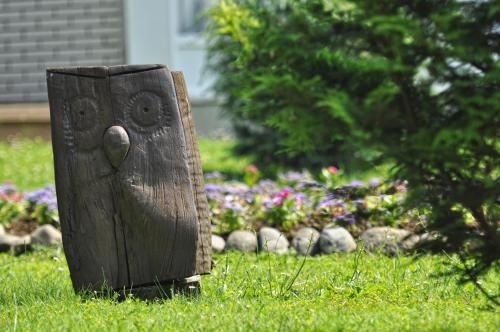 a wooden post with a face on it in the grass at Hotel Kardial in Teslić