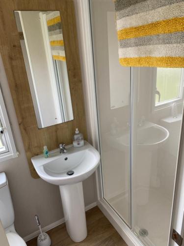 y baño con lavabo y ducha. en Cosy holiday home at Romney Sands en New Romney