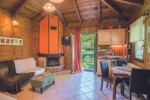 a living room with a couch and a fireplace in a cabin at Ninemia Stay and Play in Karpenision