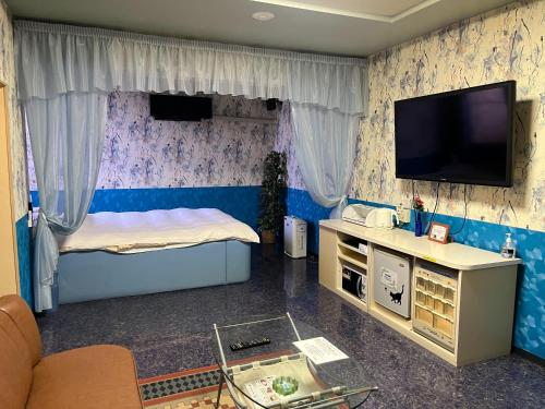 a small room with a bed and a flat screen tv at エリア５１ in Kishimoto