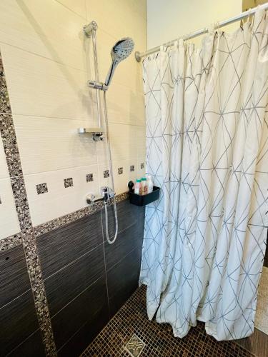 eine Dusche mit Duschvorhang im Bad in der Unterkunft Celtnieku street apartment in Liepāja