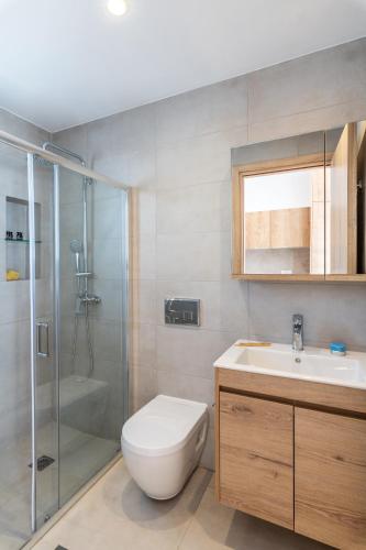 a bathroom with a toilet and a shower and a sink at Mykonaki Hotel in Ano Mera