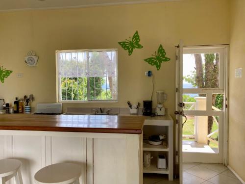 a kitchen with a counter with a sink and a window at Sunhill Villa in Big Corn Island