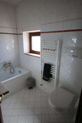 een witte badkamer met een toilet en een wastafel bij Podere Campo alle Serpi in Bibbona