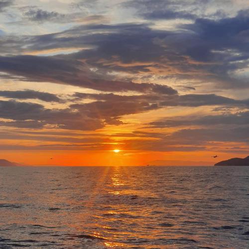 a sunset over the ocean with the sun setting at Pansion Palme in Drvenik