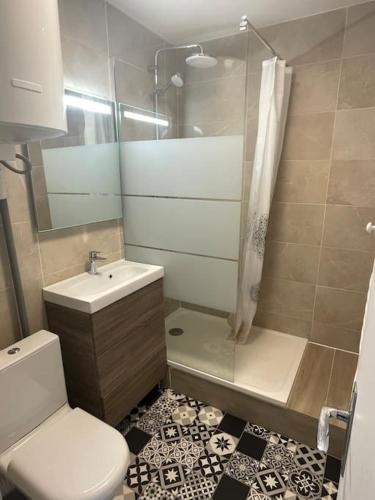 une salle de bain avec toilettes, lavabo et douche dans l'établissement Cosy studio avec vue sur l'océan, à Lacanau