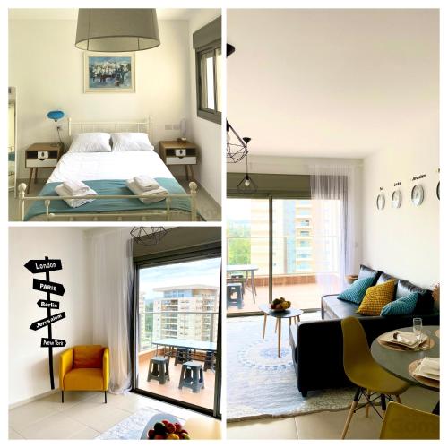 three pictures of a bedroom and a living room at • Spacious Apartment in Trendy Akko/Acre • in ‘Akko