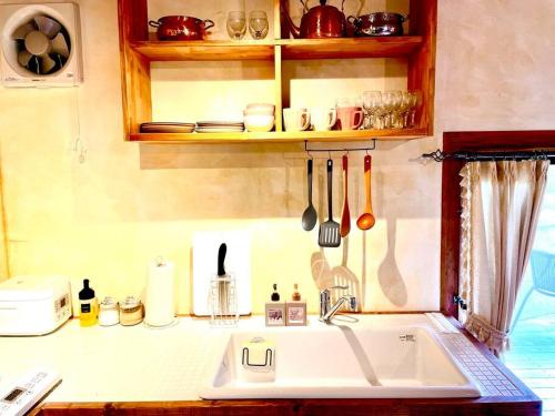 uma cozinha com um lavatório e um balcão com utensílios em 一棟貸し　魔女の休日CLUB em Nagano