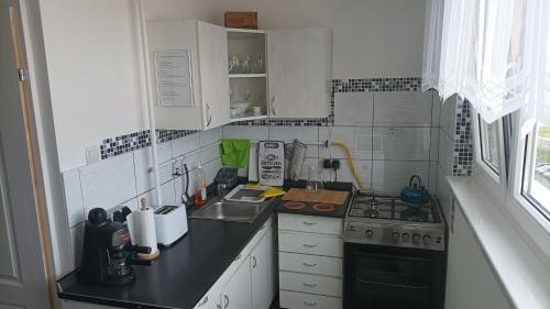 a small kitchen with a stove and a sink at Panel Hause Kazincbarcika in Kazincbarcika
